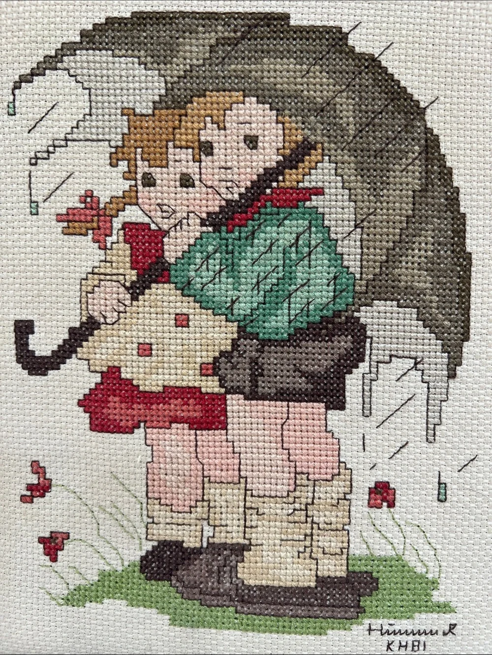 Vintage Hummel Style Cross Stitch “Stormy Weather” Framed Wall Art